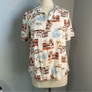 Denim & Co. Beach Size M White Printed Short Sleeve Camp Shirt Natural Scenic
